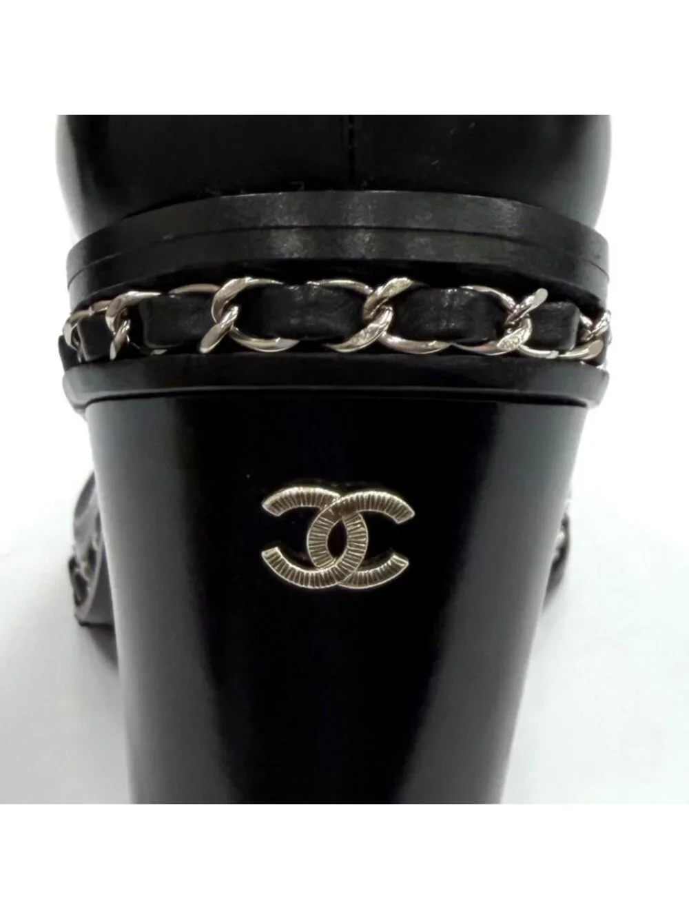 Chanel Leather Loafers Bootie with CC Logo Chain Black Silver 36.5 Boot